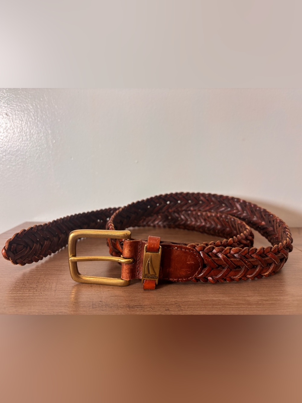 Nautica Brown Leather Braided Men's Belt with Brass Buckle Size 38